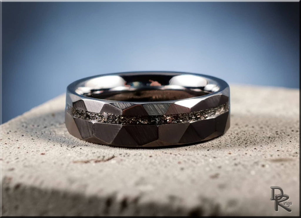 Hammered tungsten carbide ring with meteorite inlay featuring a faceted design from DR Rings