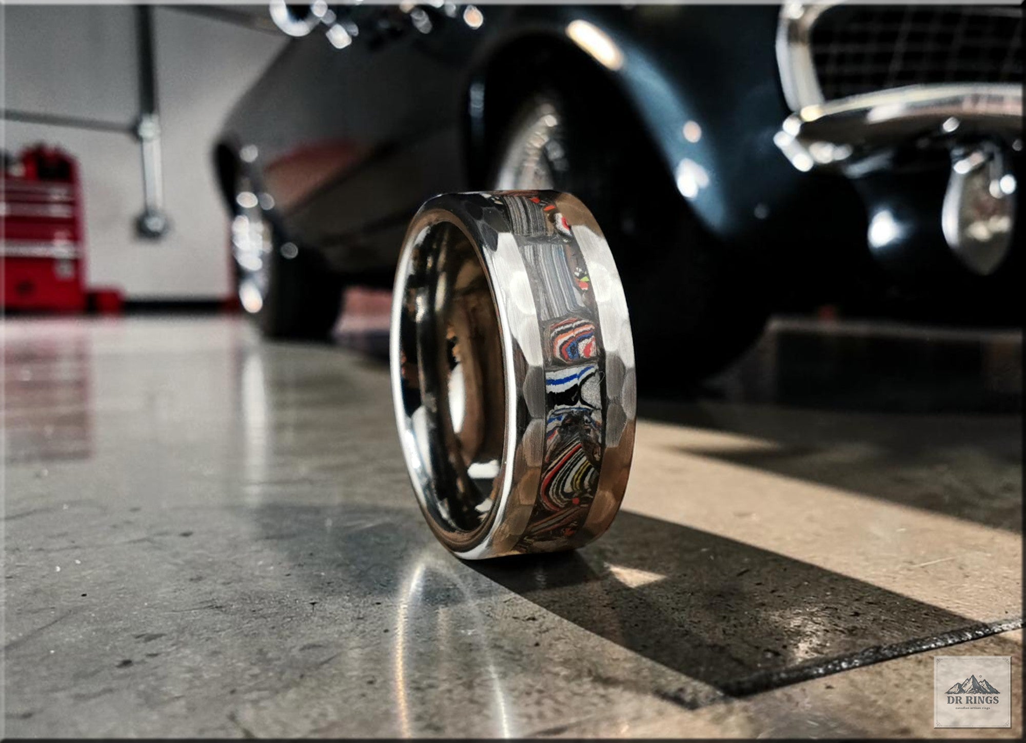 Hammered Tungsten Carbide Ring with Vintage Fordite Inlay