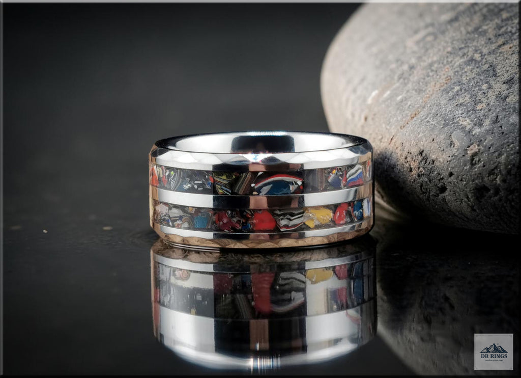 Hammered Tungsten Carbide Ring with dual Vintage Fordite inlays