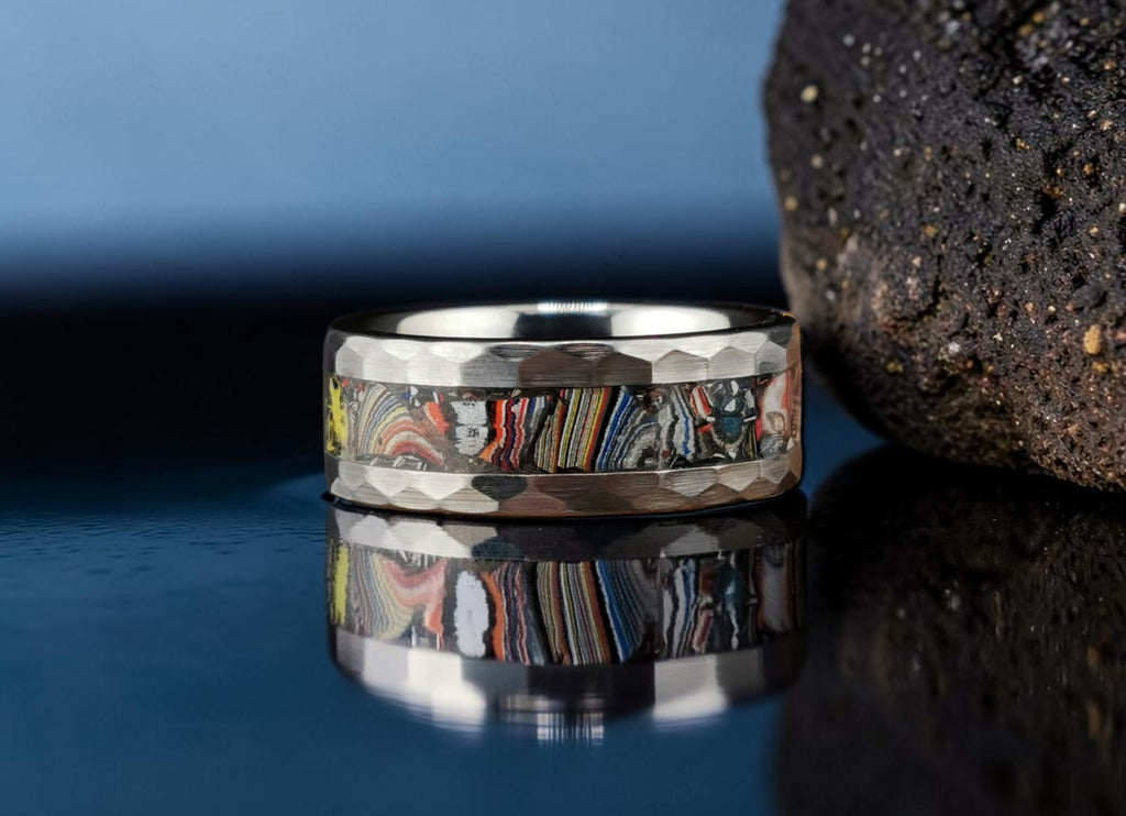 Hammered Tungsten Carbide Ring with Vintage Fordite Inlay