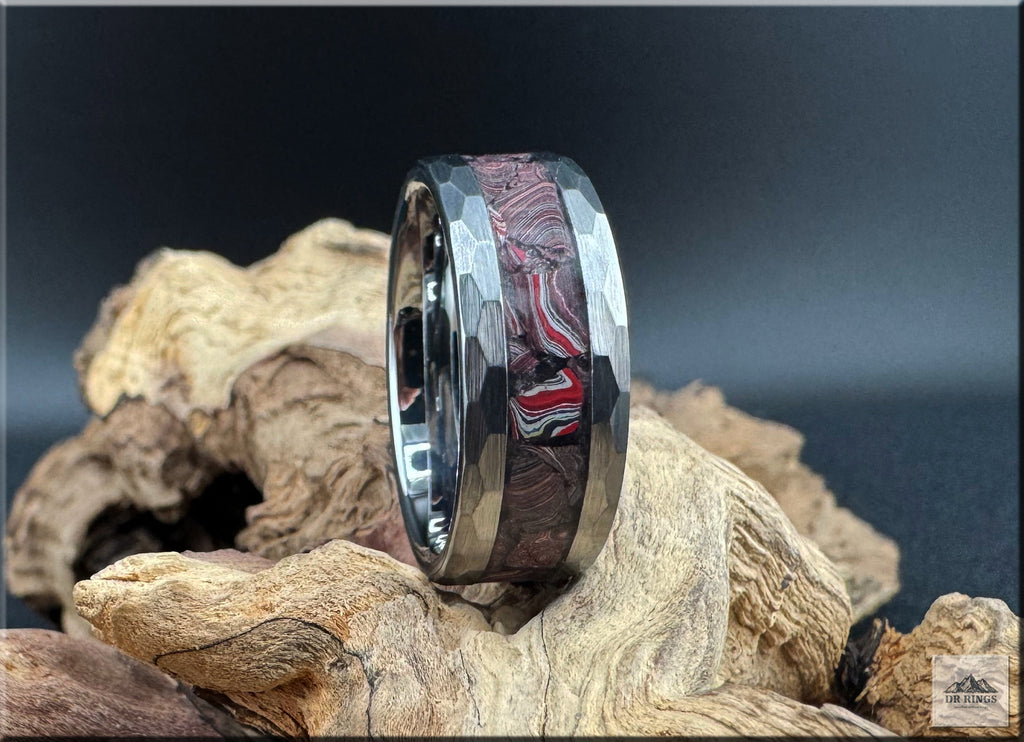 Hammered Tungsten Carbide Ring with C8 Corvette Fordite inlay
