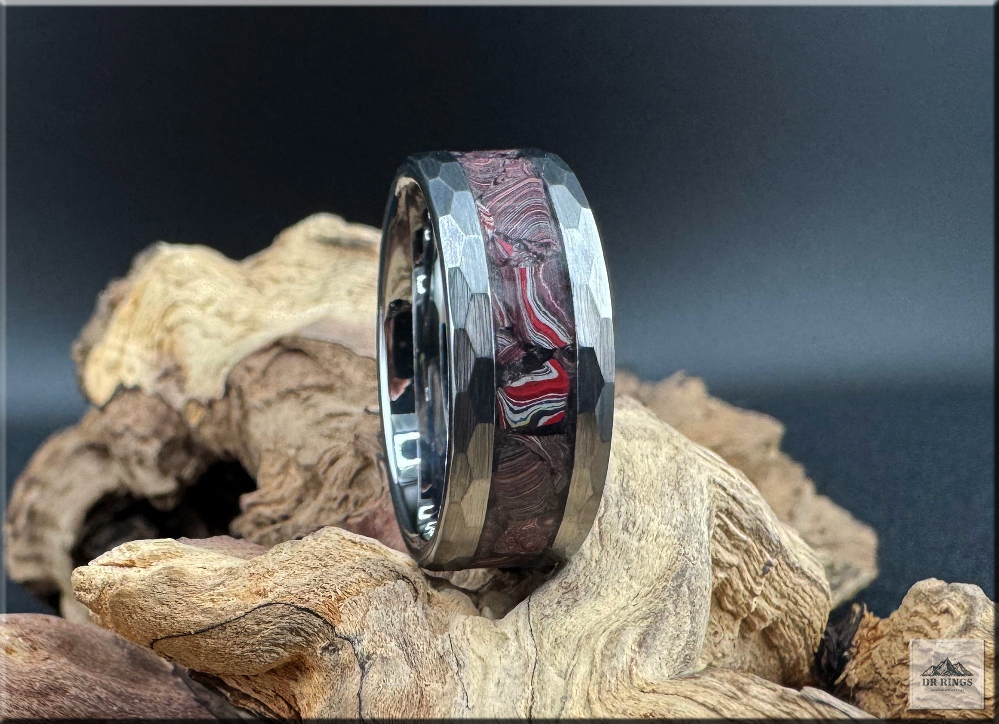 Hammered Tungsten Carbide Ring with C8 Corvette Fordite inlay