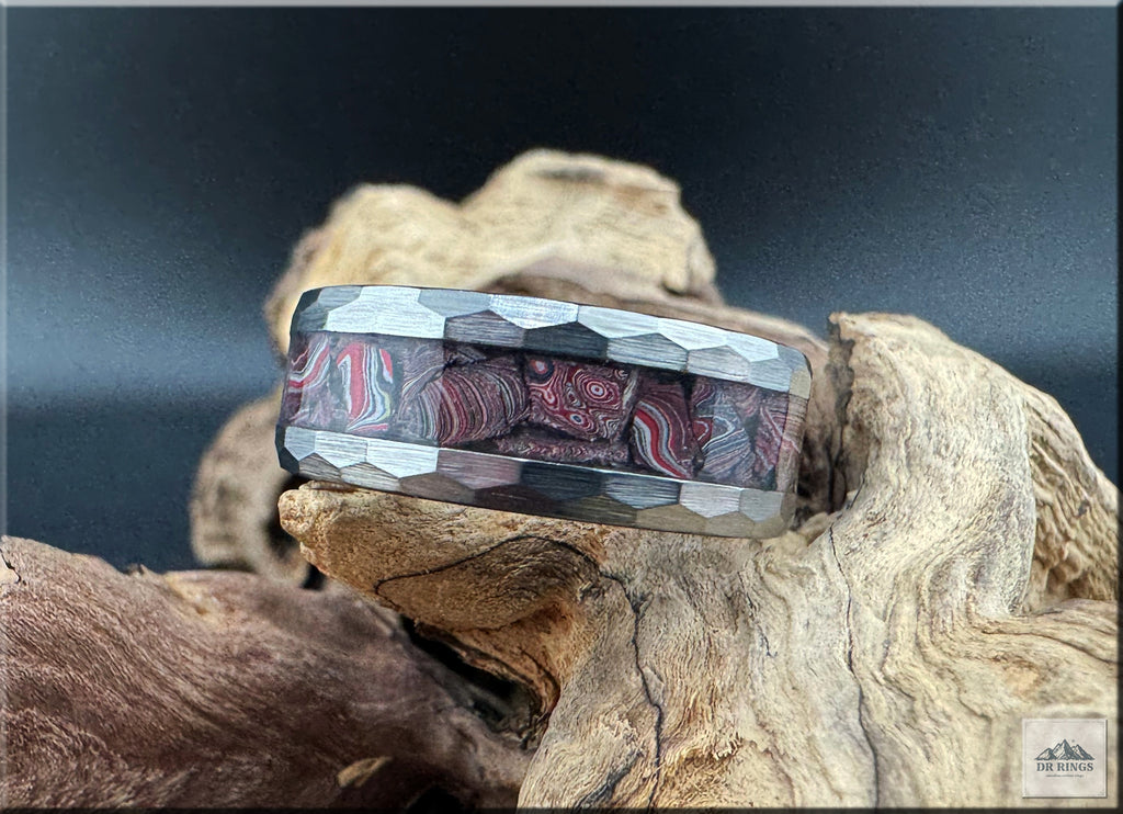 Hammered Tungsten Carbide Ring with C8 Corvette Fordite inlay