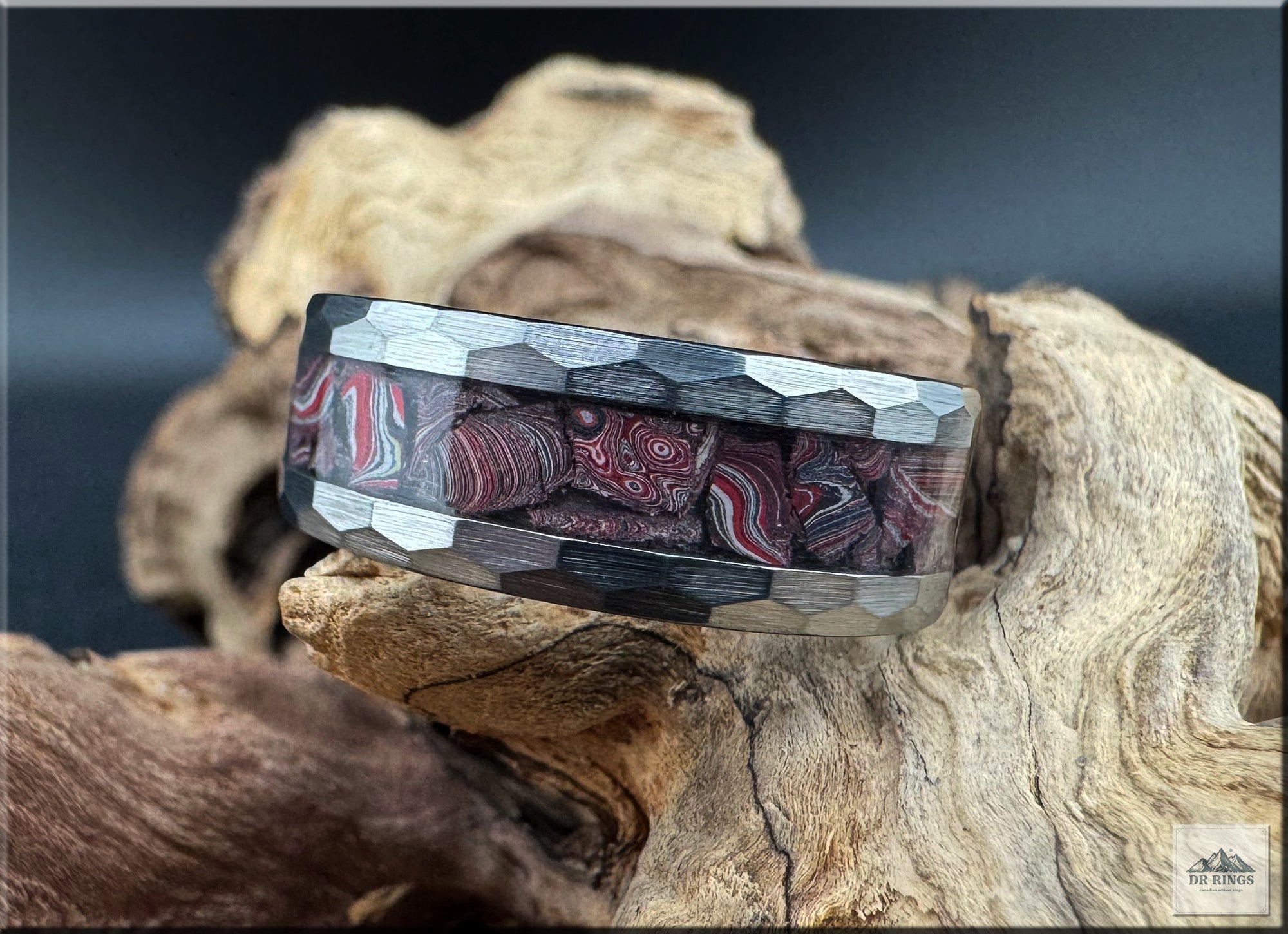 Hammered Tungsten Carbide Ring with C8 Corvette Fordite inlay