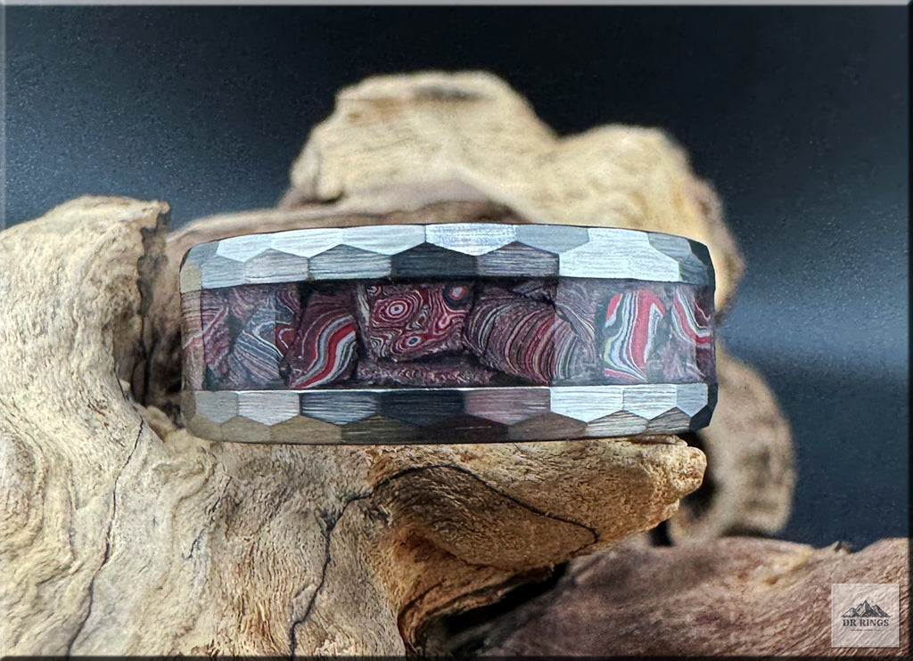 Hammered Tungsten Carbide Ring with C8 Corvette Fordite inlay