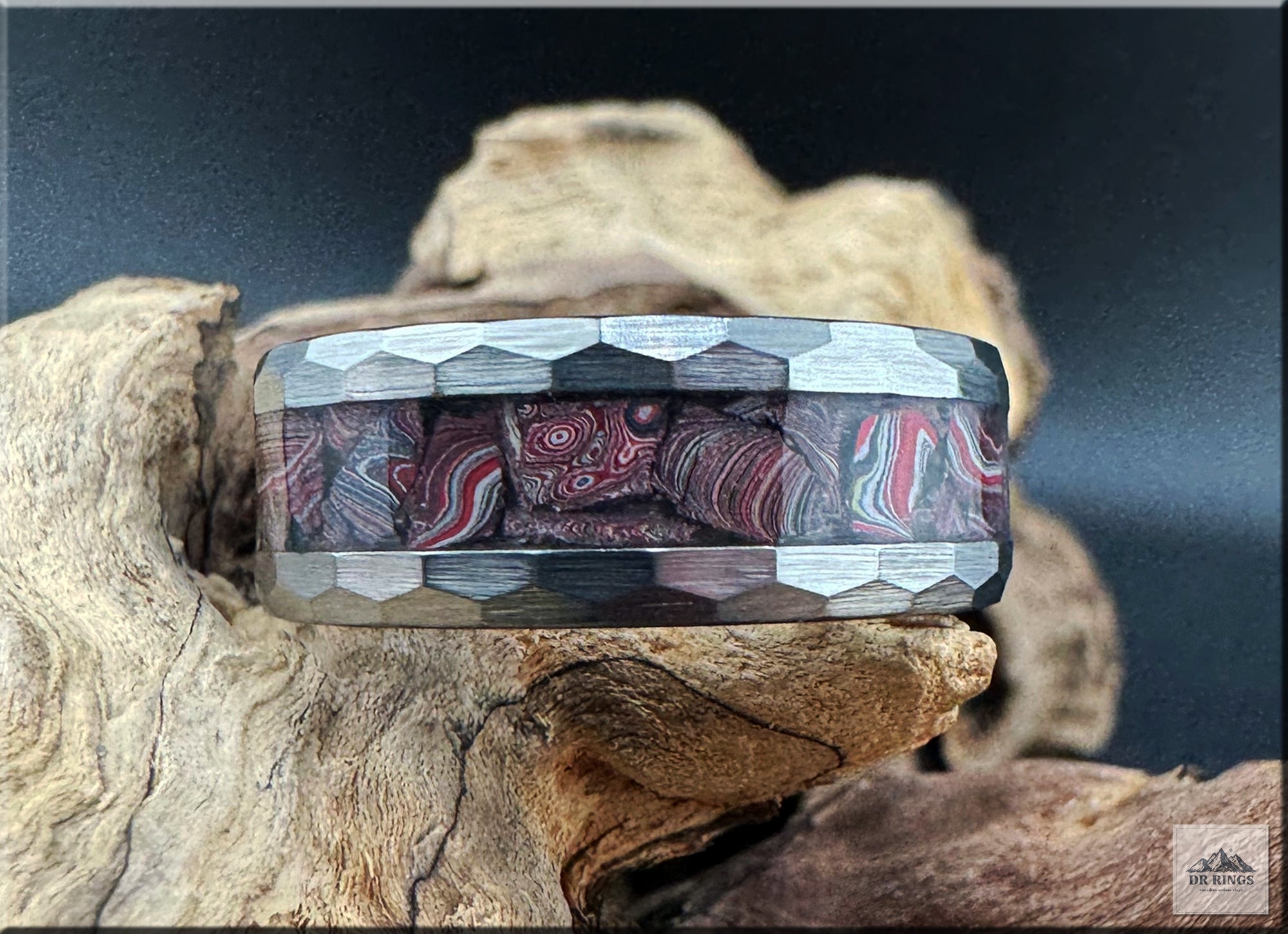 Hammered Tungsten Carbide Ring with C8 Corvette Fordite inlay