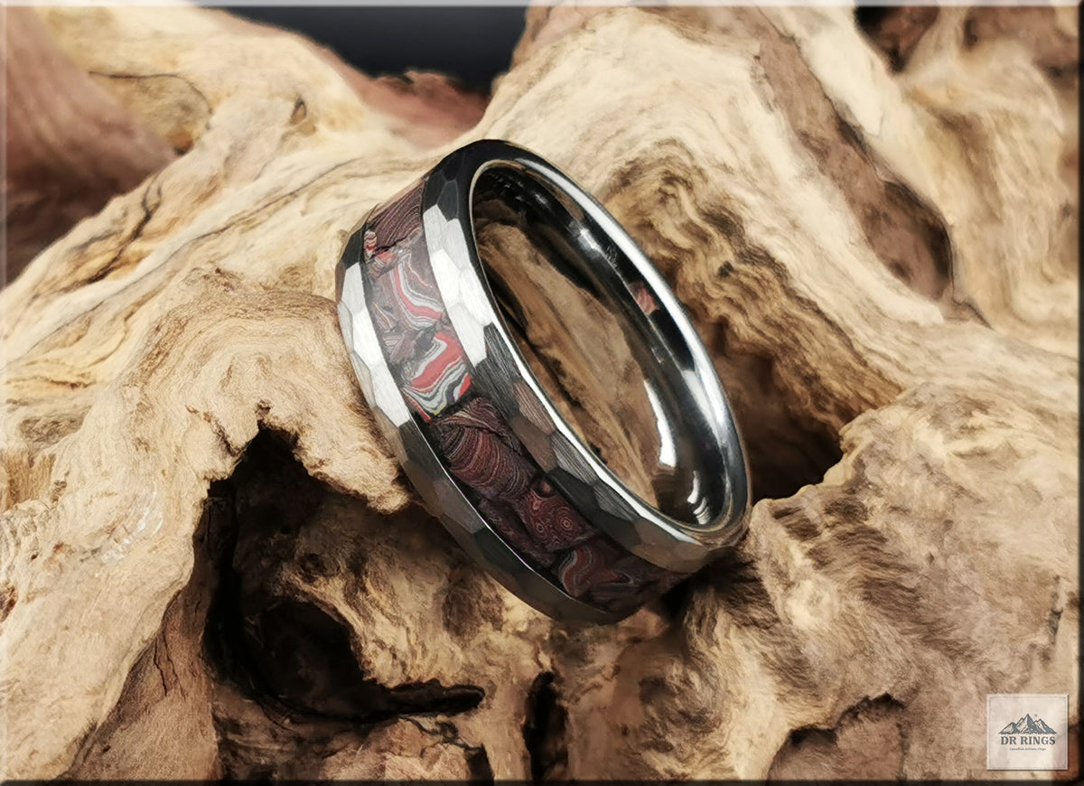 Hammered Tungsten Carbide Ring with C8 Corvette Fordite inlay