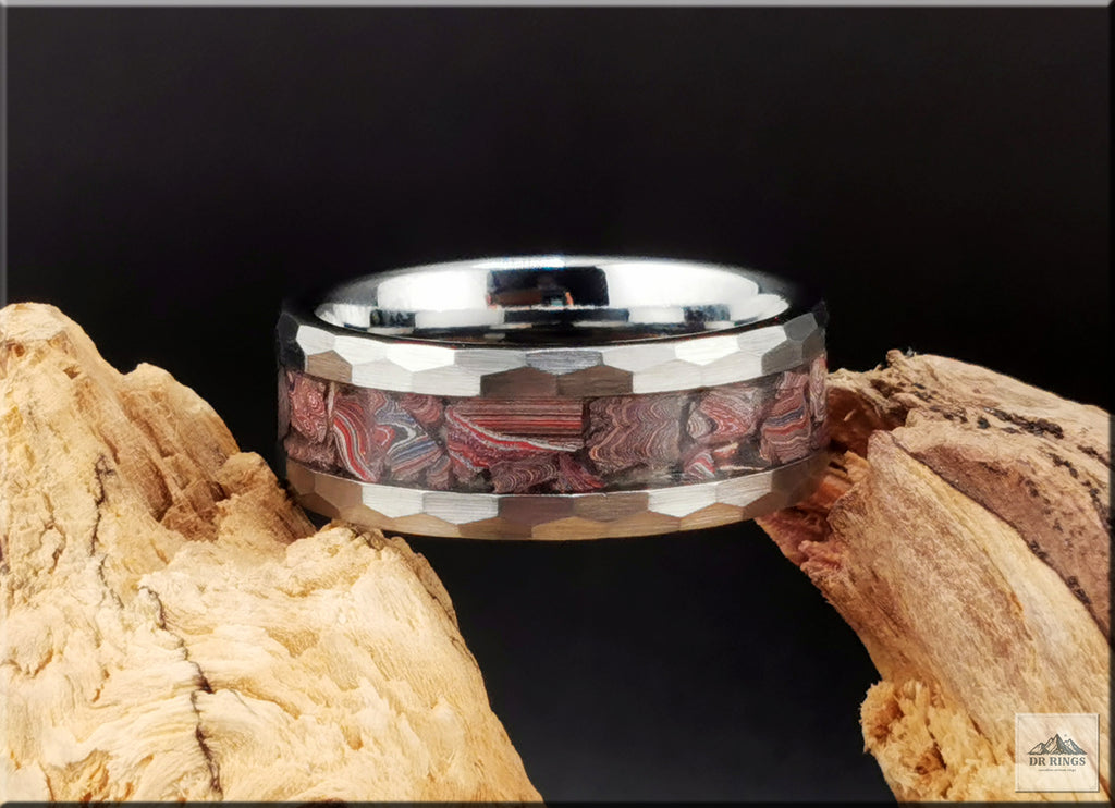 Hammered Tungsten Carbide Ring with C8 Corvette Fordite inlay
