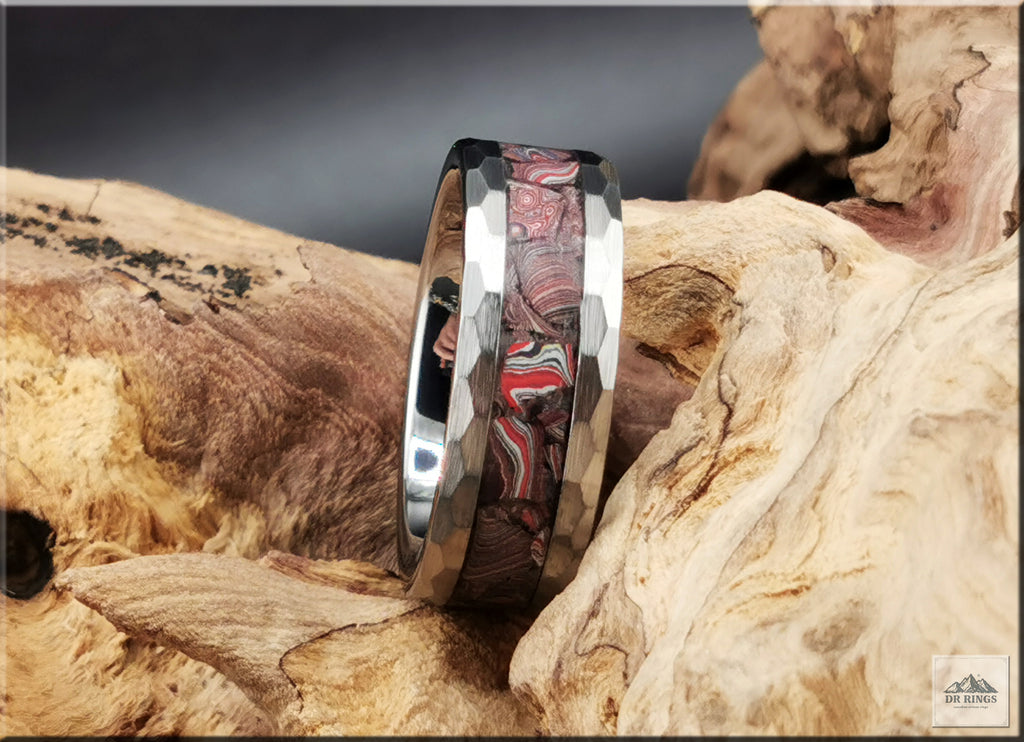 Hammered Tungsten Carbide Ring with C8 Corvette Fordite inlay