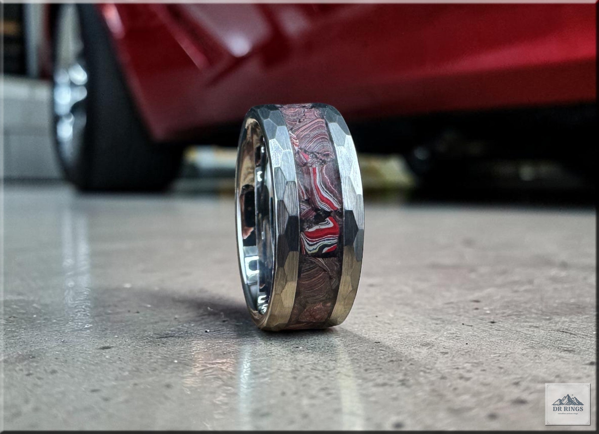 Hammered Tungsten Carbide Ring with C8 Corvette Fordite inlay