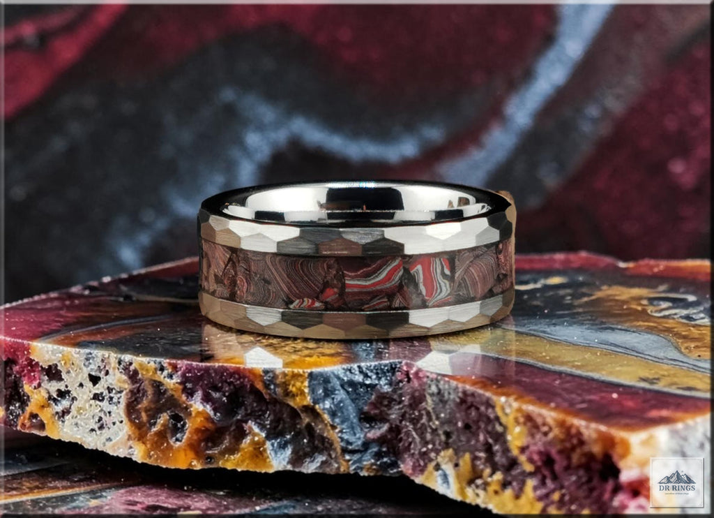 Hammered Tungsten Carbide Ring with C8 Corvette Fordite inlay