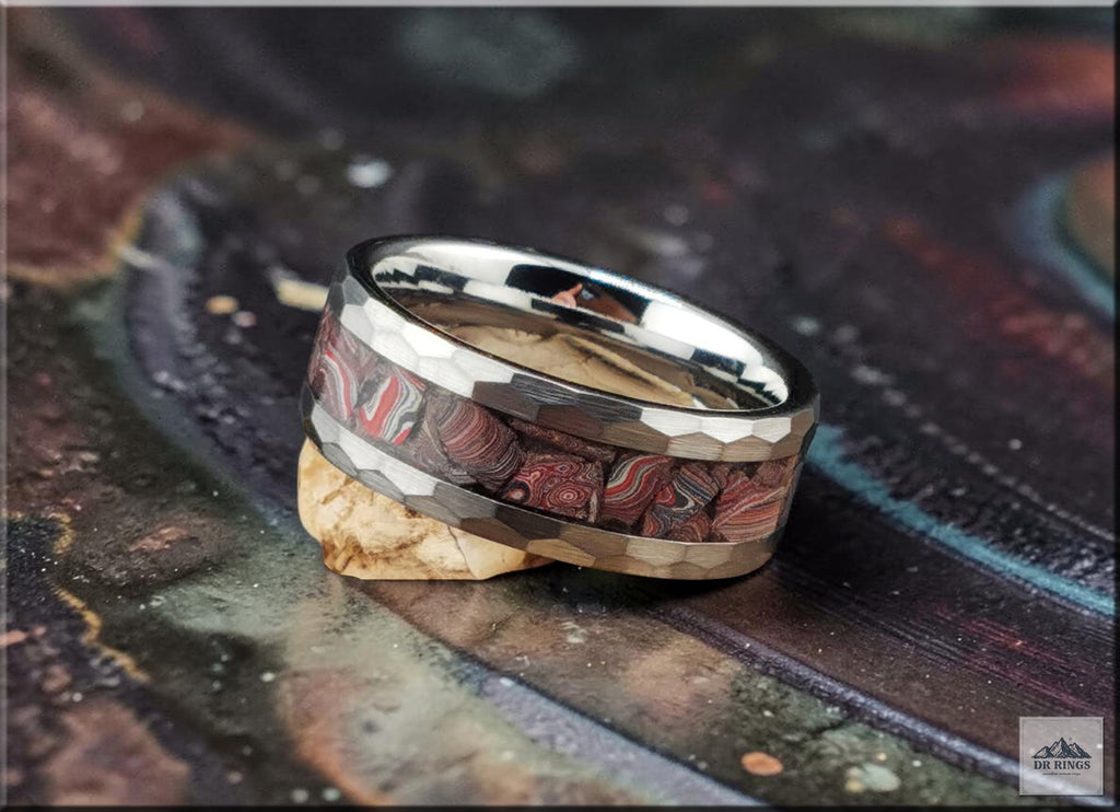 Hammered Tungsten Carbide Ring with C8 Corvette Fordite inlay