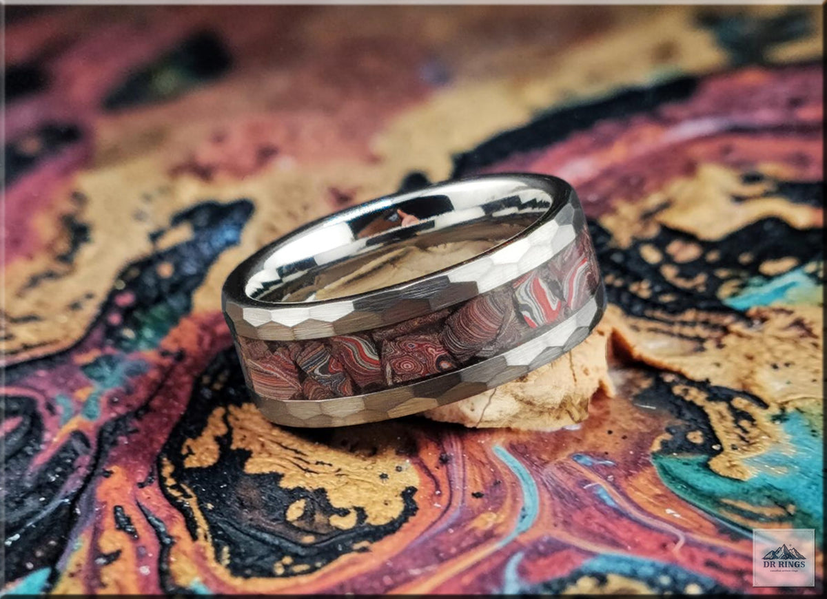 Hammered Tungsten Carbide Ring with C8 Corvette Fordite inlay