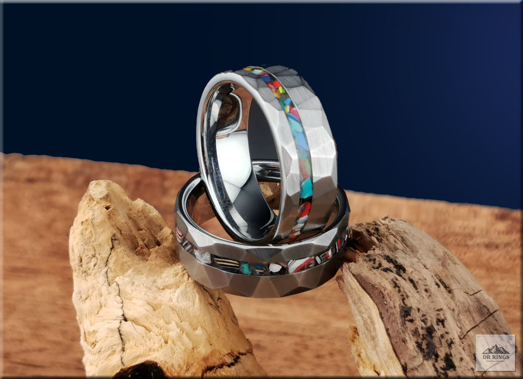 Hammered Tungsten Carbide Ring with Vintage Fordite or Surfite Inlay