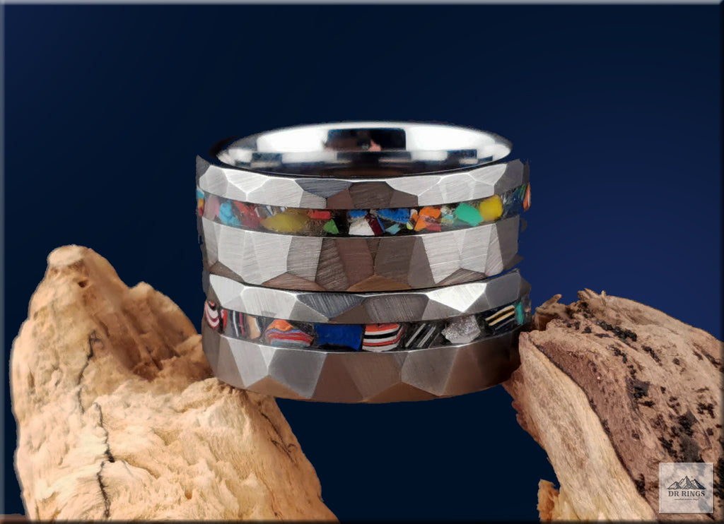 Hammered Tungsten Carbide Ring with Vintage Fordite or Surfite Inlay