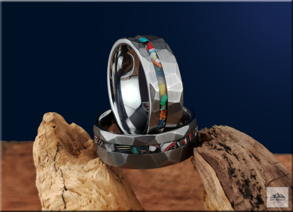Hammered Tungsten Carbide Ring with Vintage Fordite or Surfite Inlay