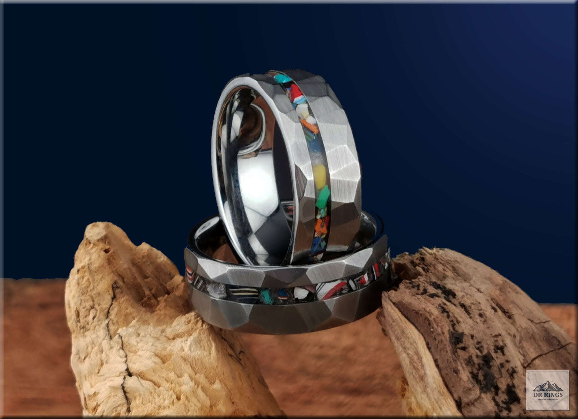 Hammered Tungsten Carbide Ring with Vintage Fordite or Surfite Inlay
