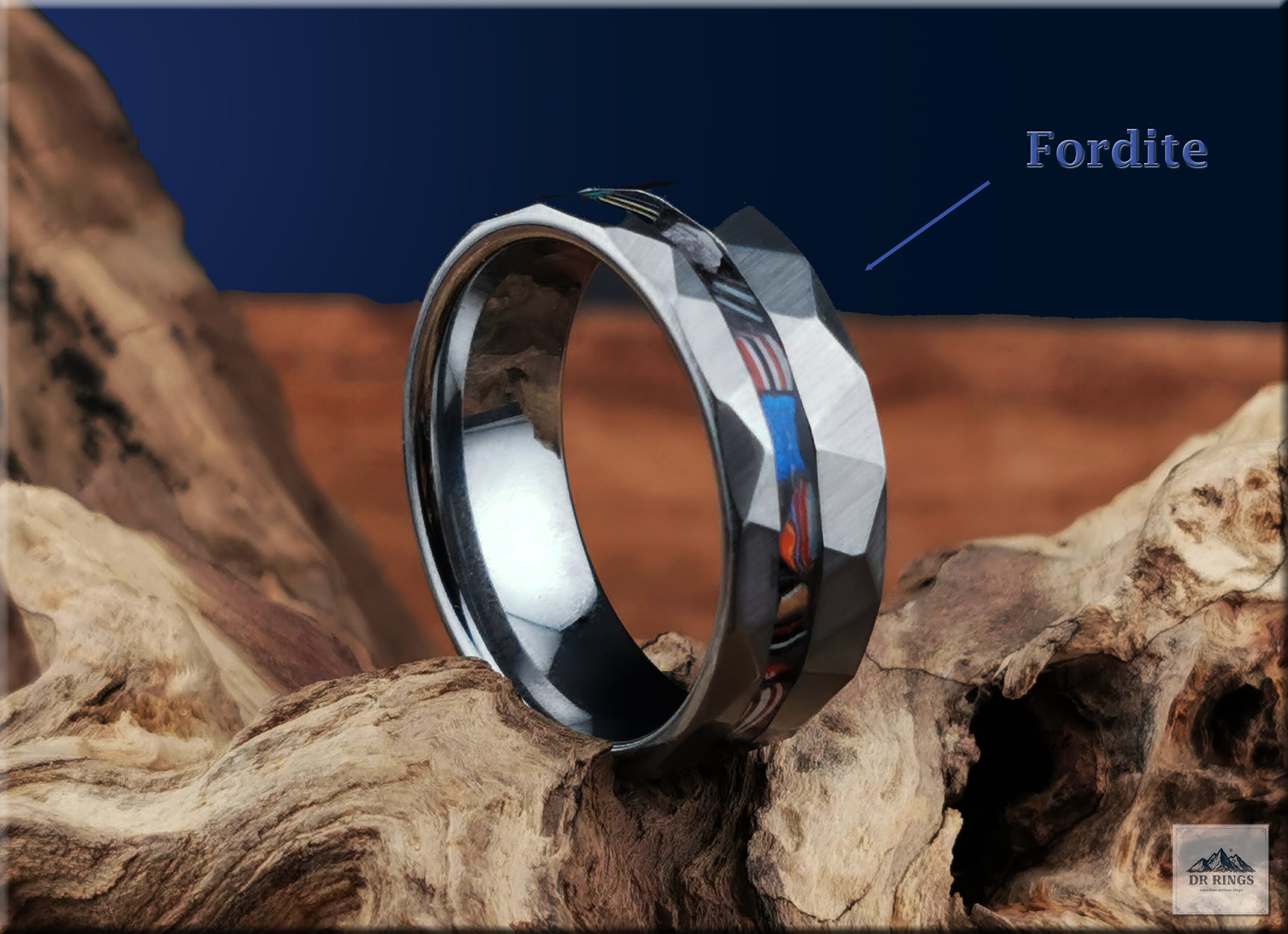 Hammered Tungsten Carbide Ring with Vintage Fordite or Surfite Inlay