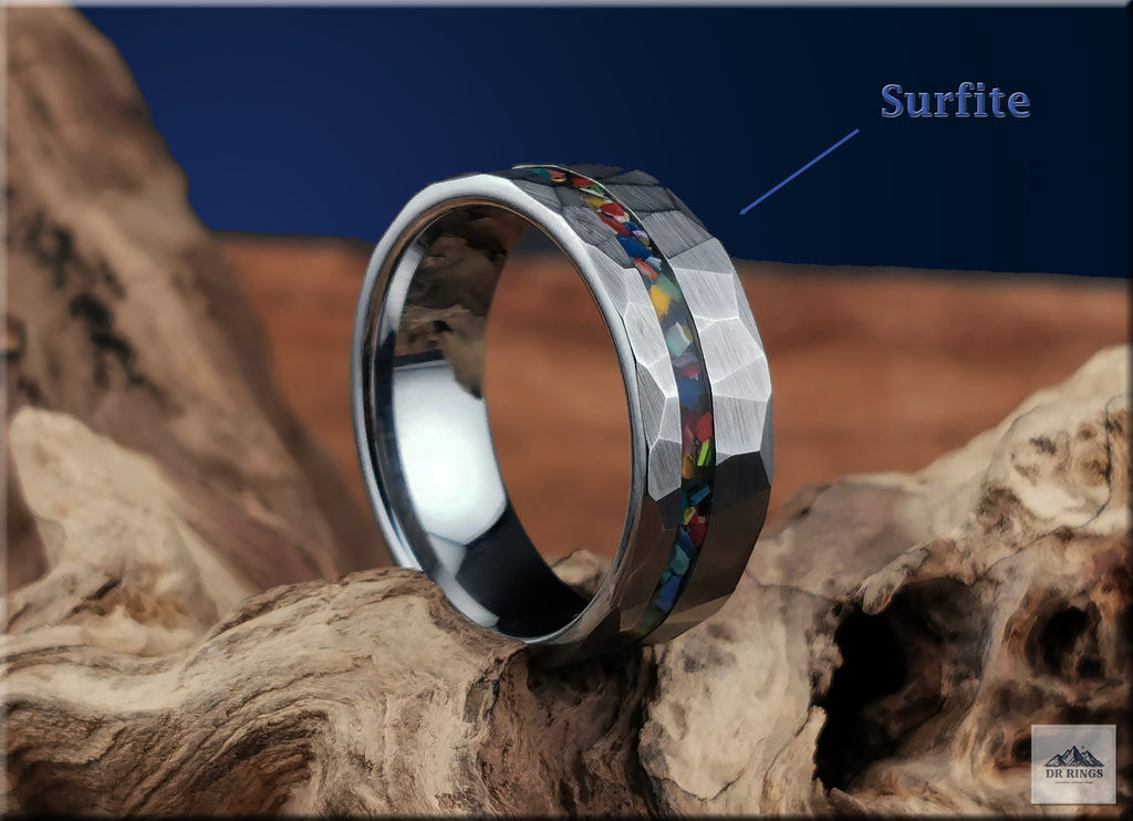 Hammered Tungsten Carbide Ring with Vintage Fordite or Surfite Inlay