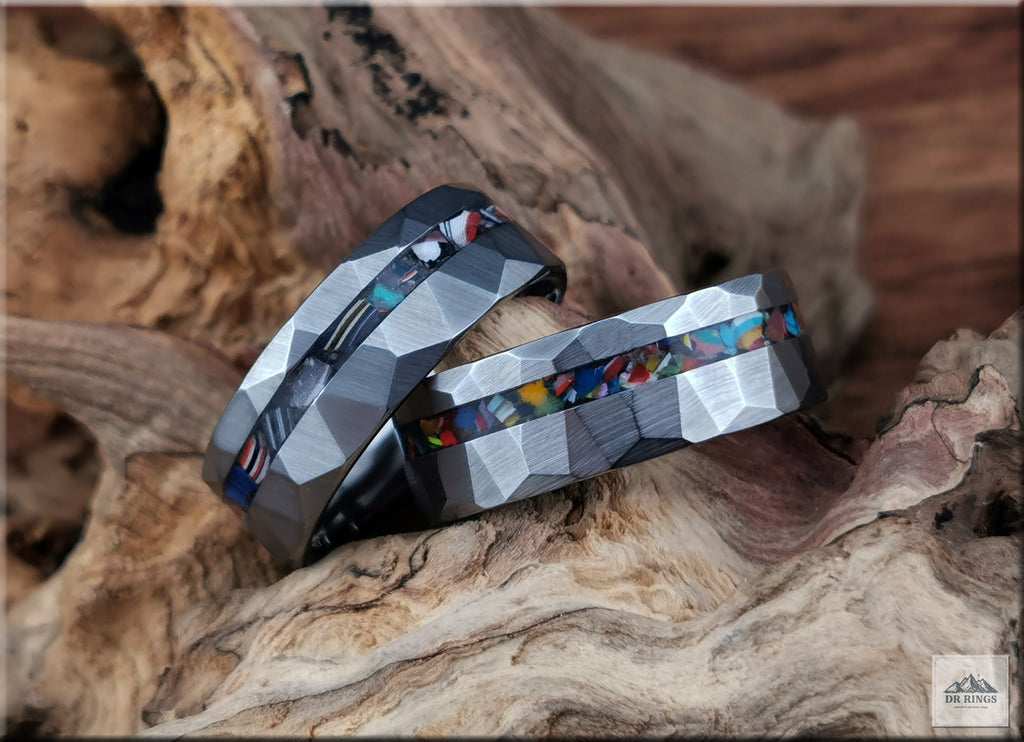 Hammered Tungsten Carbide Ring with Vintage Fordite or Surfite Inlay