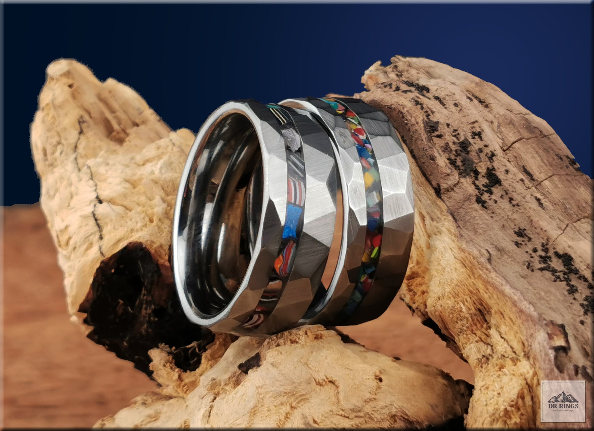 Hammered Tungsten Carbide Ring with Vintage Fordite or Surfite Inlay