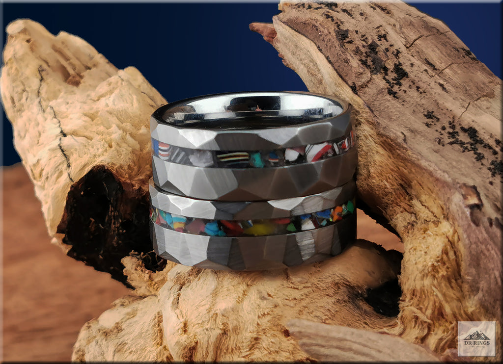 Hammered Tungsten Carbide Ring with Vintage Fordite or Surfite Inlay