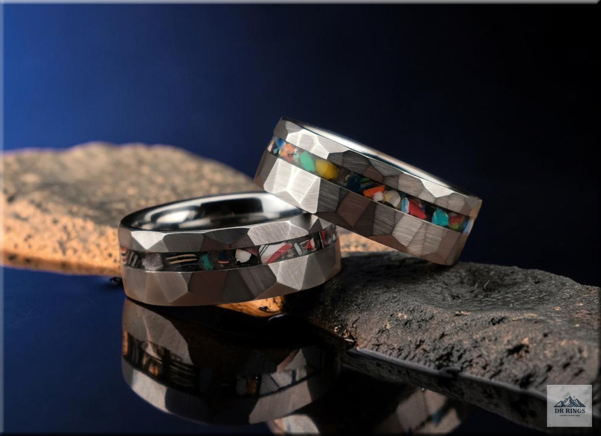 Hammered Tungsten Carbide Ring with Vintage Fordite or Surfite Inlay