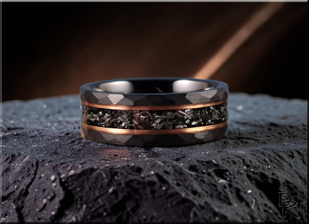 Hammered Black Tungsten Ring with Meteorite and Rose Gold Accents