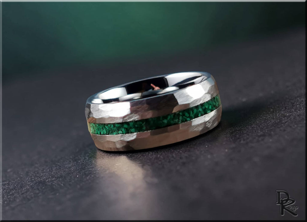 Hammered Tungsten Carbide Ring with Green Malachite Inlay