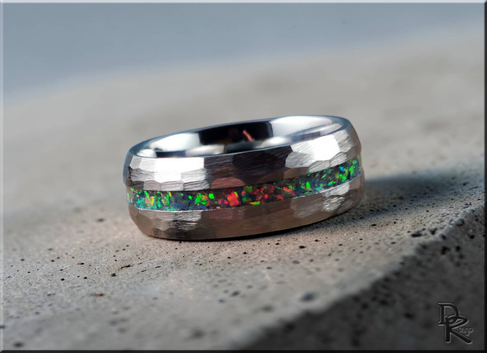 Hammered Tungsten Carbide Ring with Opal Inlay