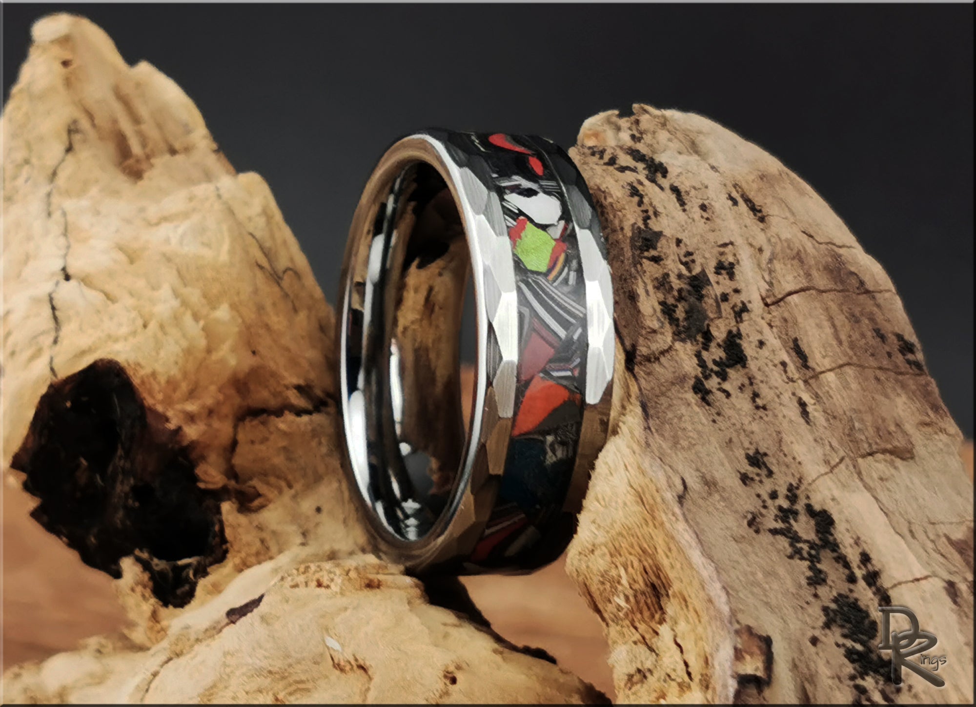 Hammered Tungsten Carbide Ring with Vintage Fordite Inlay