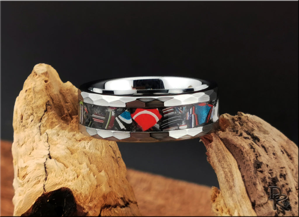 Hammered Tungsten Carbide Ring with Vintage Fordite Inlay