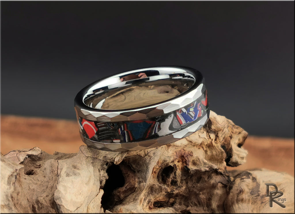 Hammered Tungsten Carbide Ring with Vintage Fordite Inlay