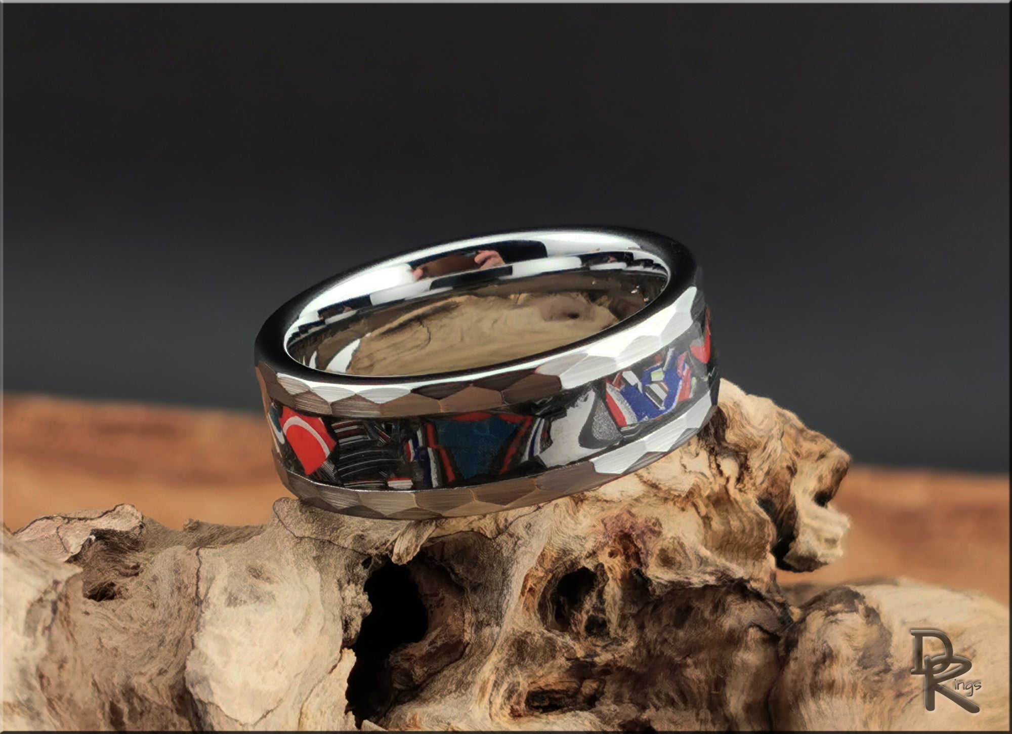 Hammered Tungsten Carbide Ring with Vintage Fordite Inlay