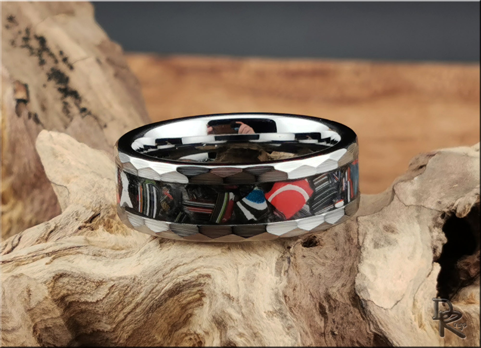 Hammered Tungsten Carbide Ring with Vintage Fordite Inlay