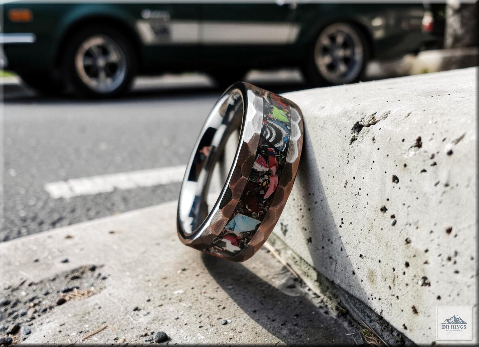 Hammered Tungsten Carbide Ring with Vintage Fordite Inlay