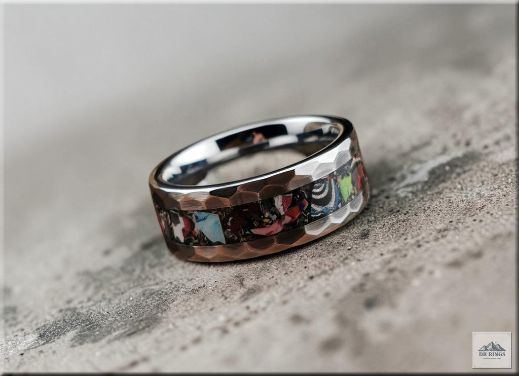 Hammered Tungsten Carbide Ring with Vintage Fordite Inlay