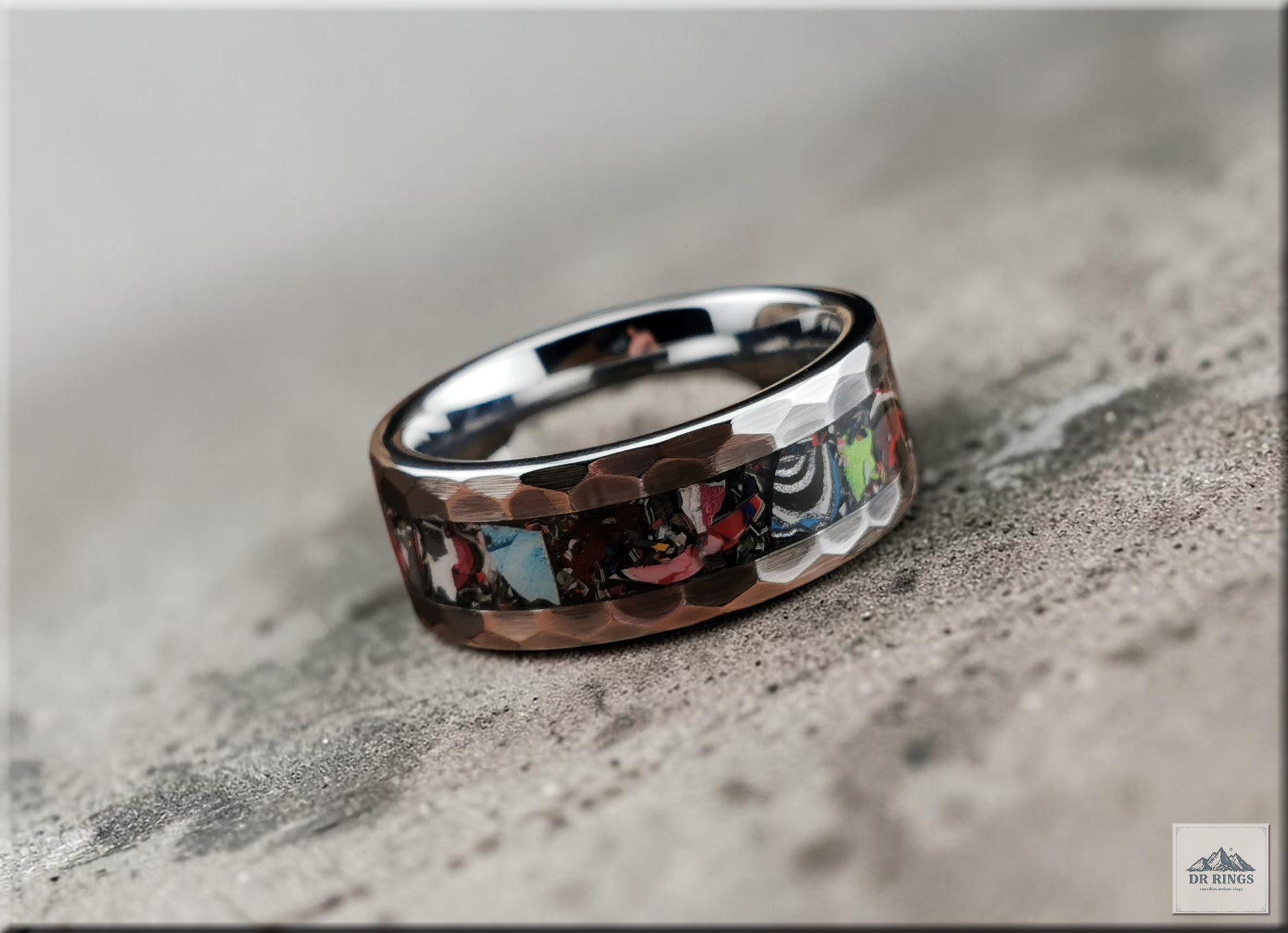 Hammered Tungsten Carbide Ring with Vintage Fordite Inlay