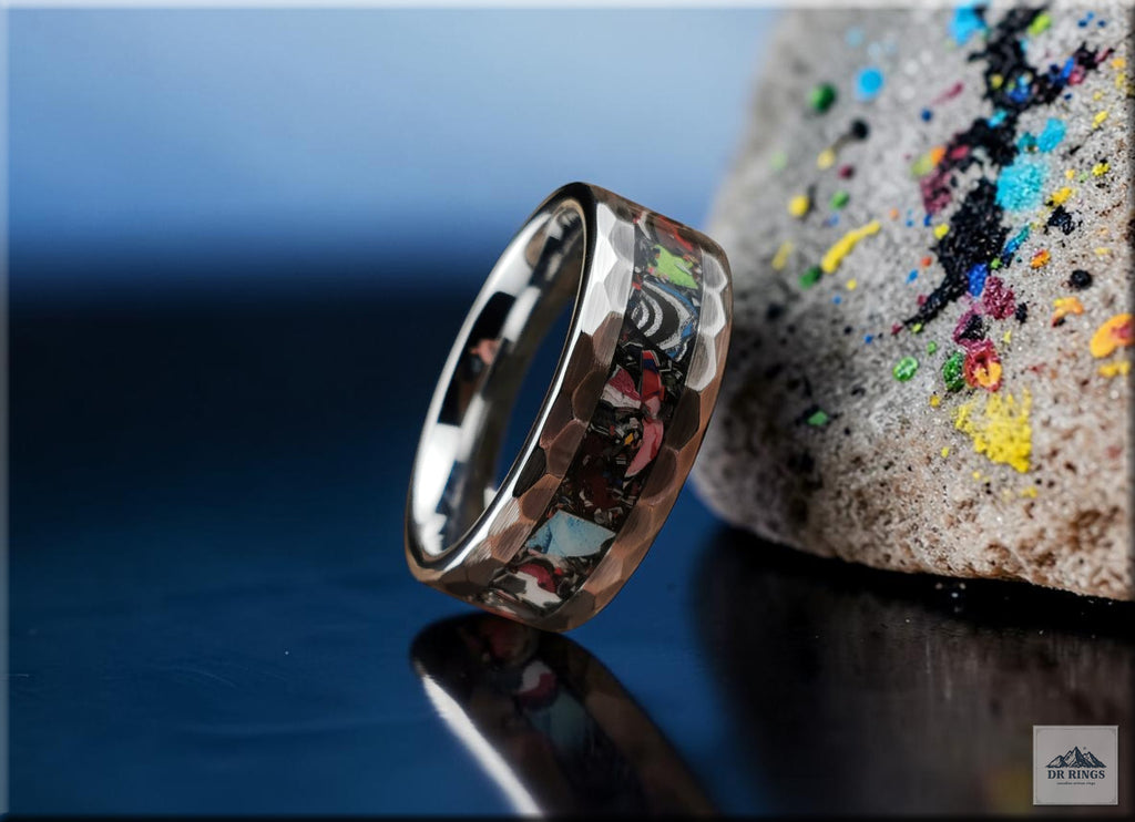Hammered Tungsten Carbide Ring with Vintage Fordite Inlay