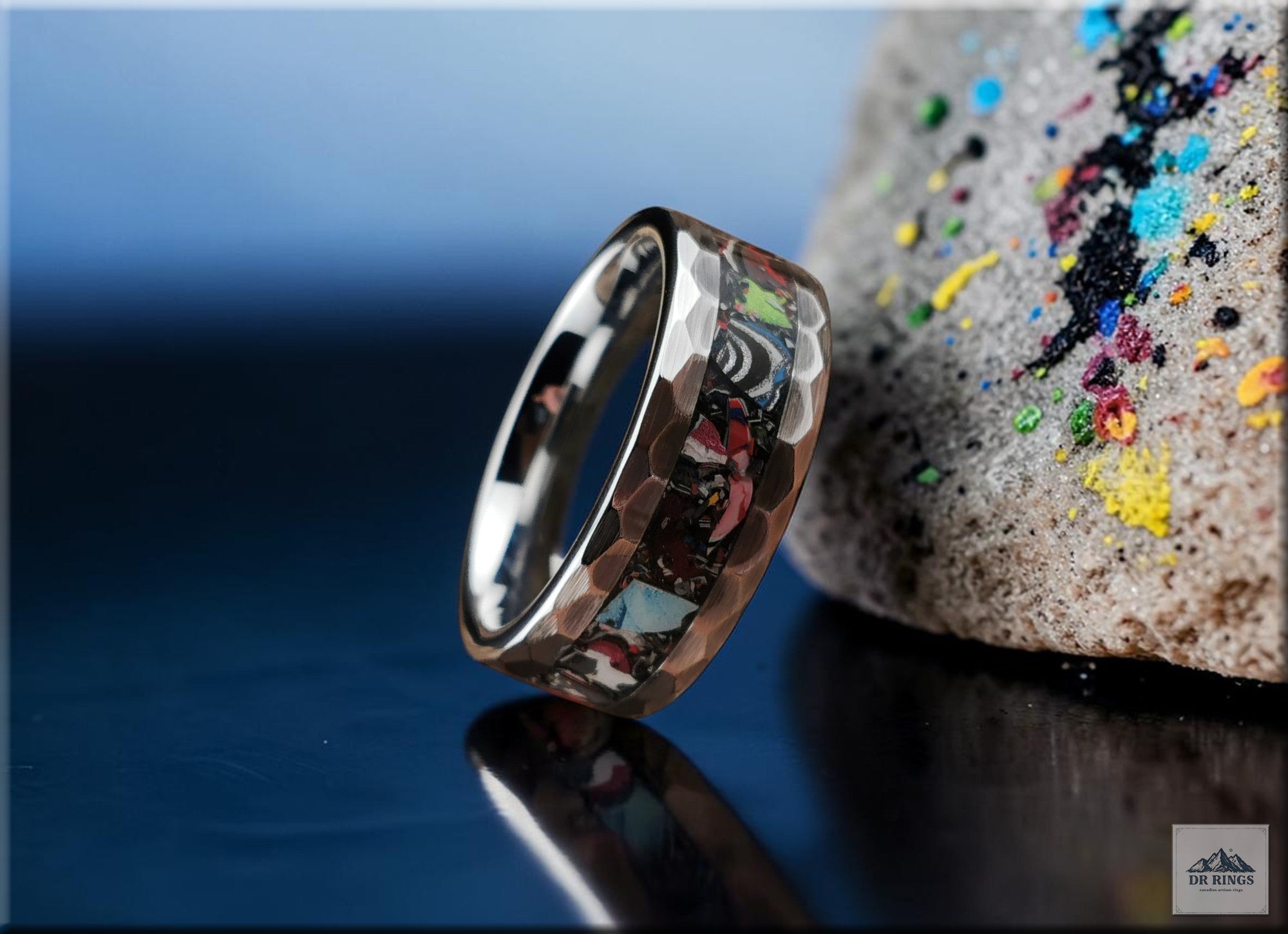 Hammered Tungsten Carbide Ring with Vintage Fordite Inlay