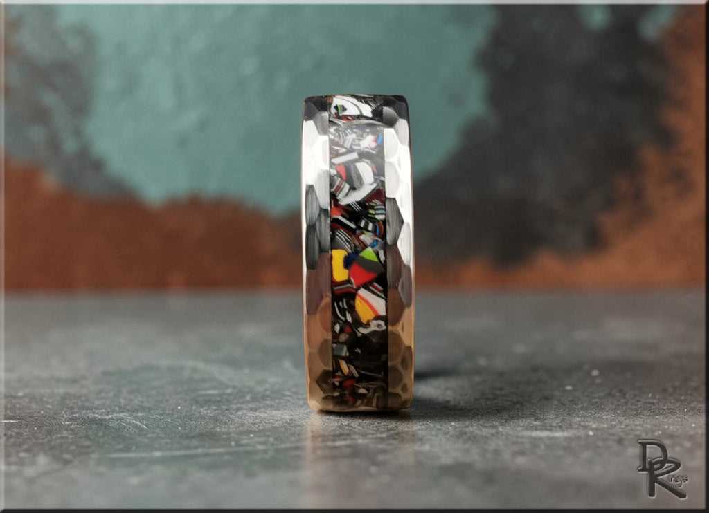 Hammered Tungsten Carbide Ring with Vintage Fordite Inlay