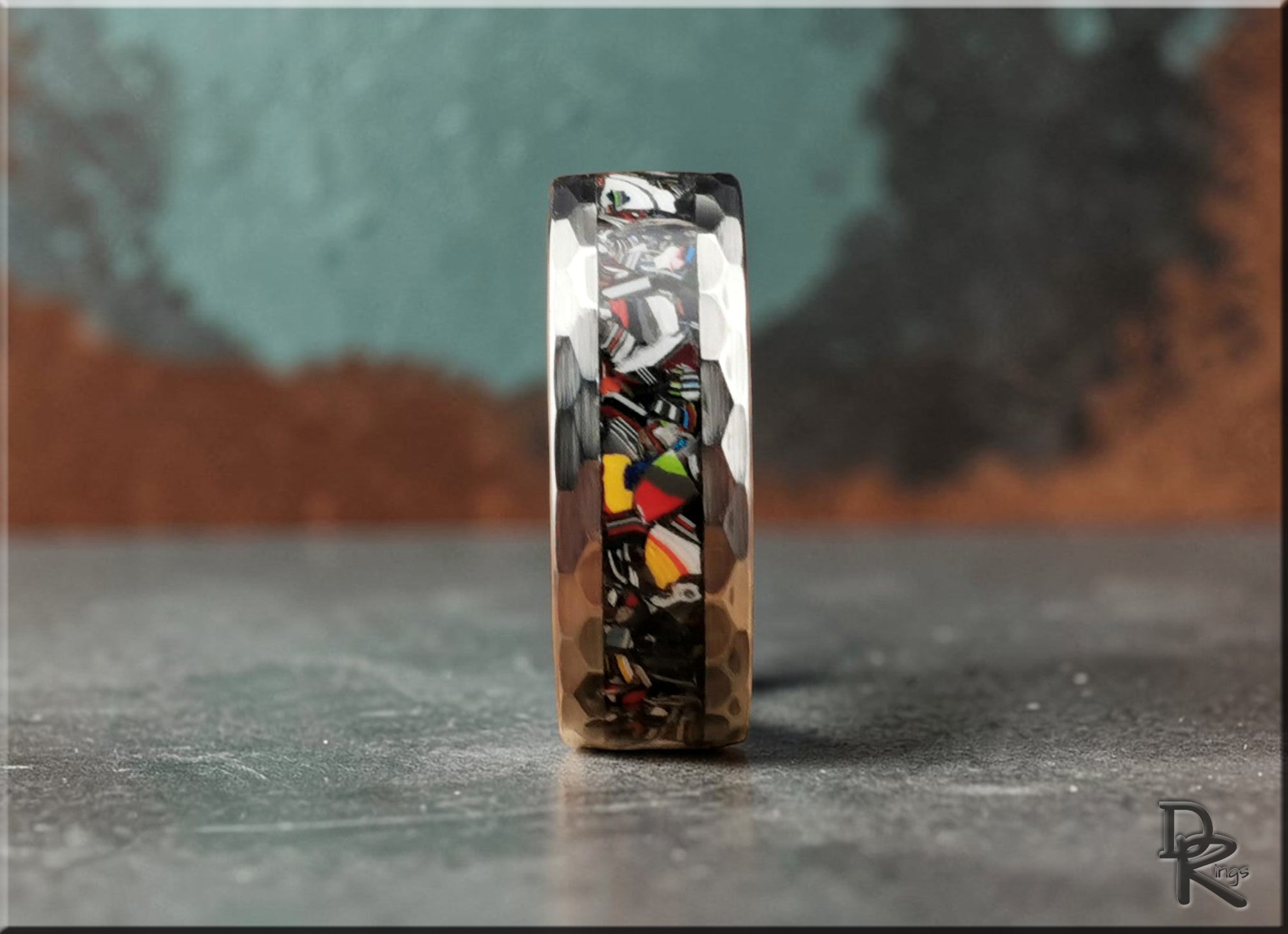 Hammered Tungsten Carbide Ring with Vintage Fordite Inlay