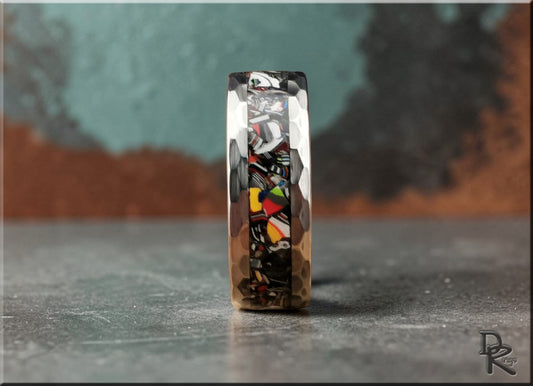 Hammered Tungsten Carbide Ring with Fordite (Chrysler) inlay
