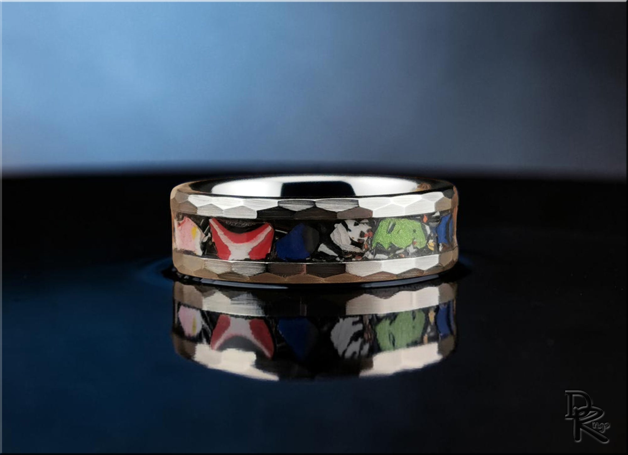 Hammered Tungsten Carbide Ring with Vintage Fordite Inlay