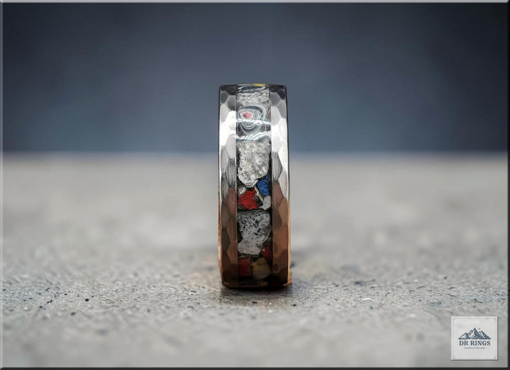 Hammered Tungsten Carbide Ring with Vintage Mustang Fordite inlay
