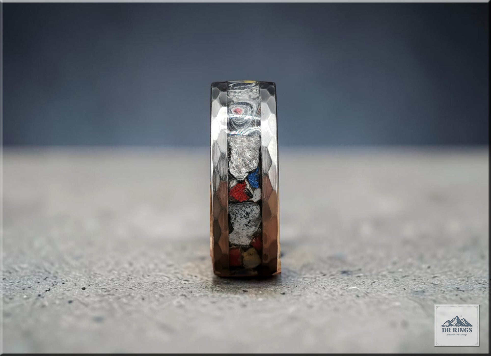 Hammered Tungsten Carbide Ring with Vintage Mustang Fordite inlay