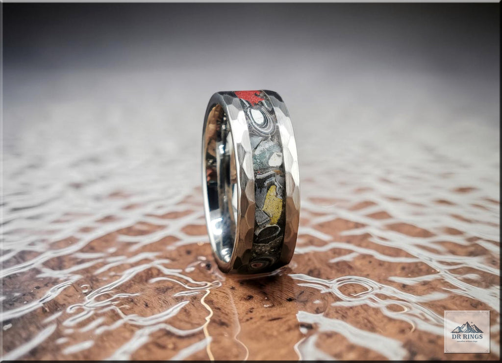 Hammered Tungsten Carbide Ring with Vintage Mustang Fordite inlay
