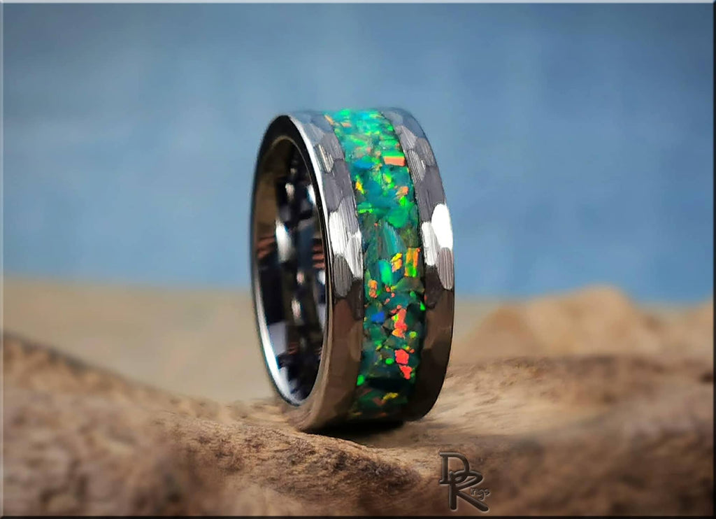 Hammered Tungsten Carbide Ring with Opal inlay