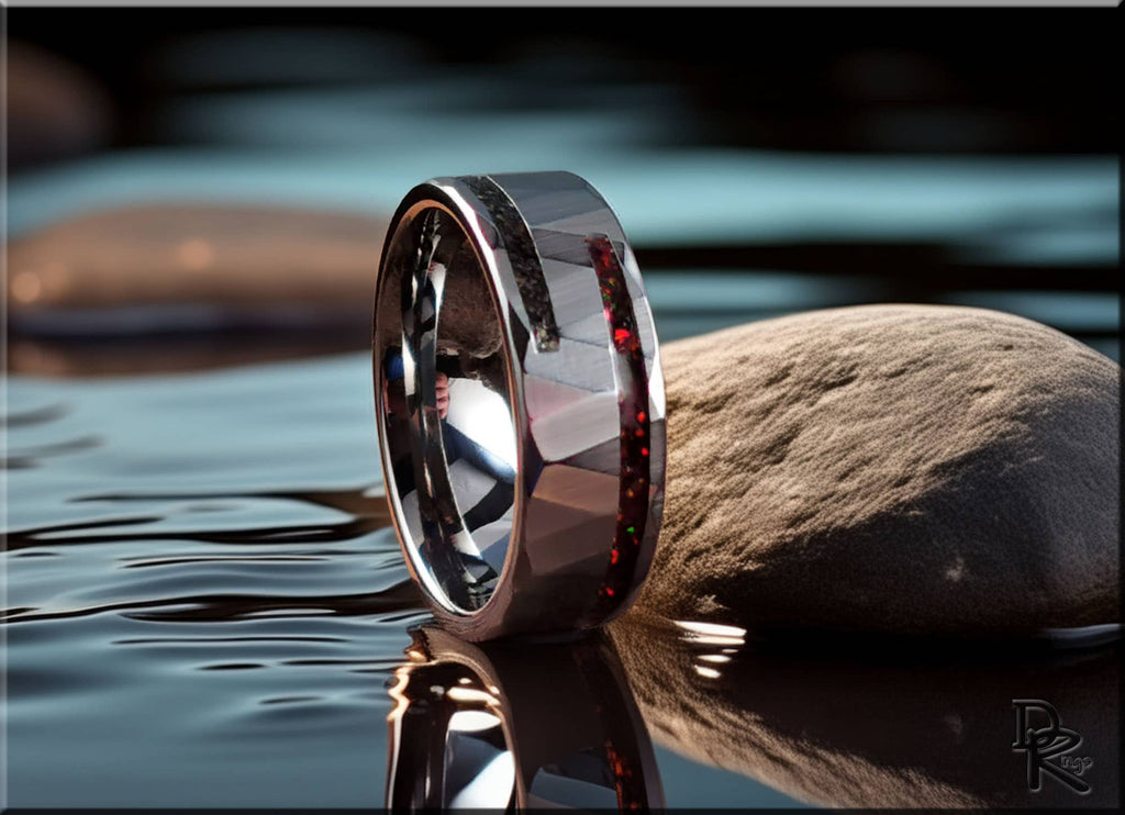 Hammered Tungsten Carbide Ring with Sand and Opal Inlays
