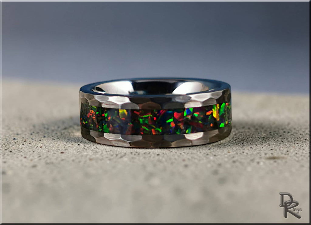 Hammered Tungsten Carbide Ring with Opal inlay